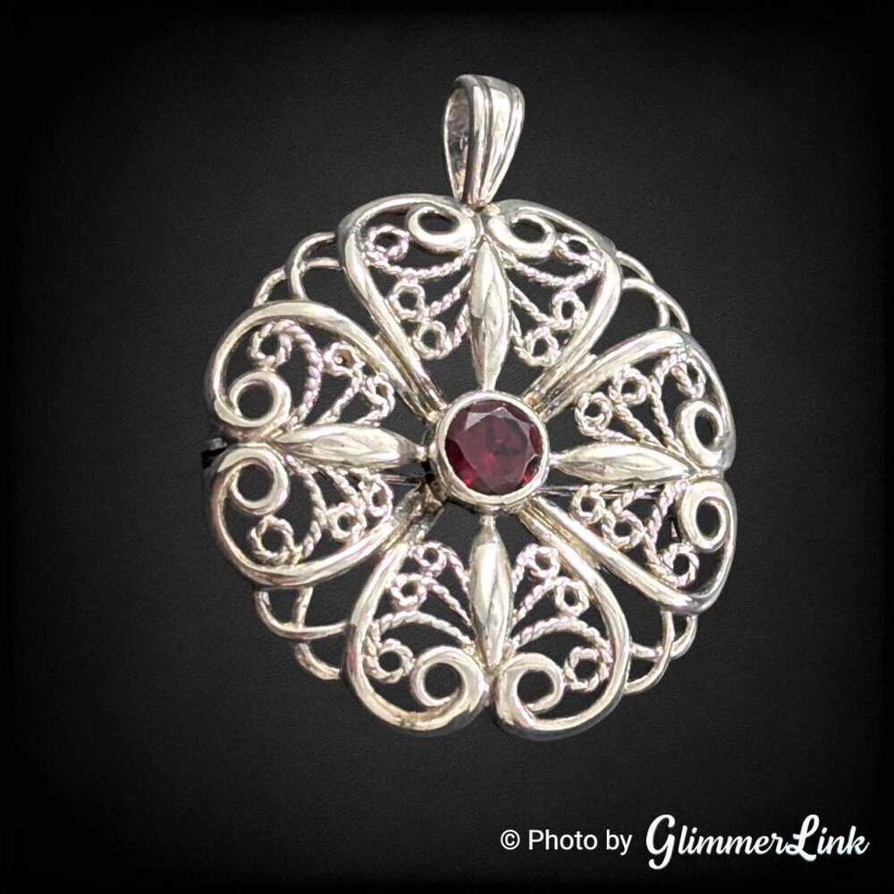 Vintage Floral Filigree Scrollwork Red Stone Sterling Silver Brooch Pendant